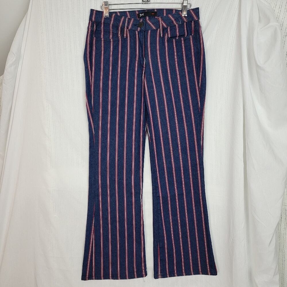 3x1 Blue & Red Tabby Crop Hayden Stripe Micro Flare Jeans, Sz 25